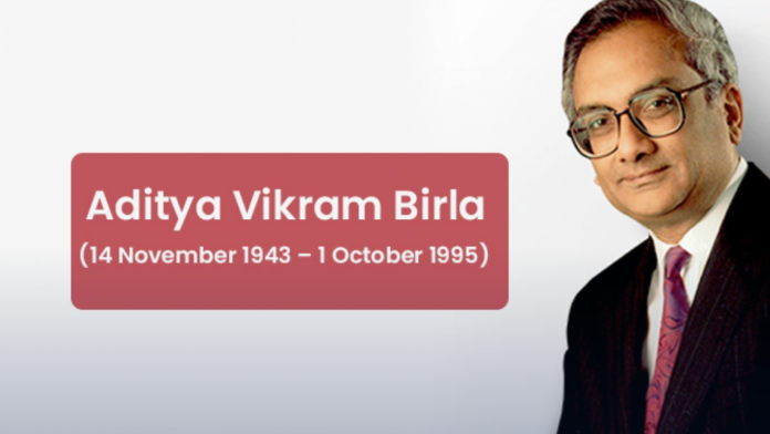 Portrait of Aditya Birla, a visionary Indian industrialist with a kind expression, wearing a suit and tie.